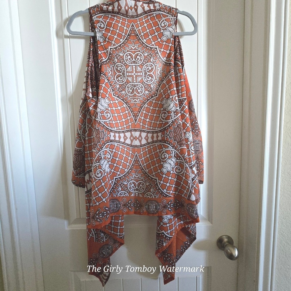 University of Texas Longhorns Orange Geometric Print Sleeveless Duster Vest L XL - Picture 5 of 16